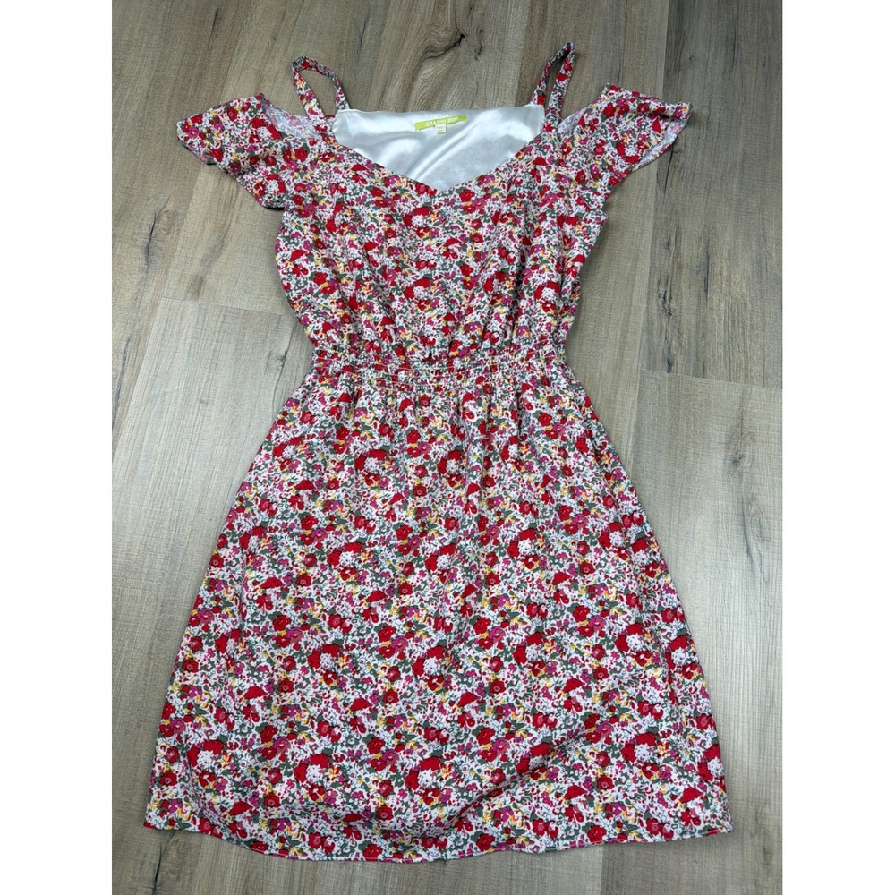 Gianni Bini Floral Cold Shoulder Mini Dress Red Pink Smocked Waist XS